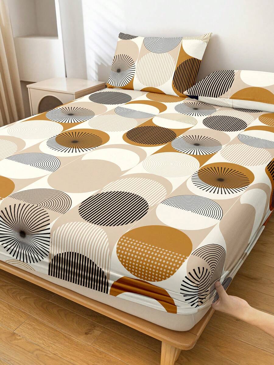 1pc Soft & Comfortable Fitted Sheet, Mattress Protector, Skin-Friendly Fitted Sheet, Suitable For Twin/Full/Queen/King Size Bed, Geometric Pattern, Machine Washable, Ideal For Father's Day, Holiday, Autumn Decor