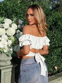 Blusa Crop campesina pecho fruncido con cinta de amarre trasera manga corta - Blanco - Ver 2