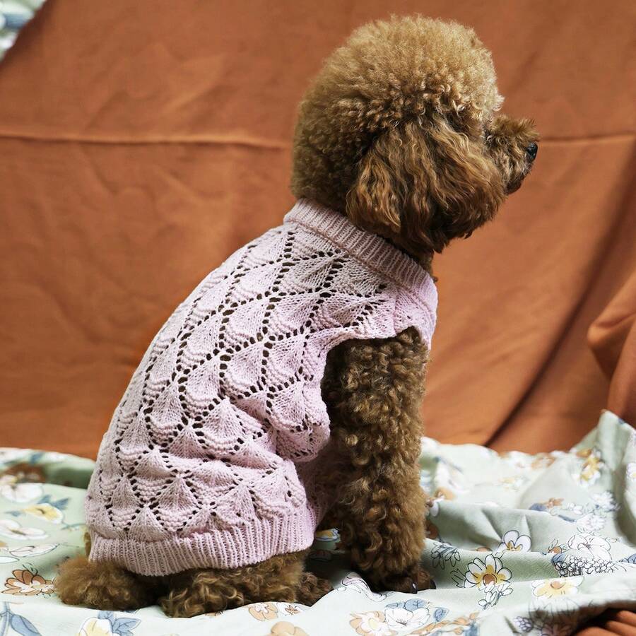 1pc Hollow Knit V-Neck Sweater For Small Dogs, Cat Pink Pet Clothes Anti-Shedding, Suitable For Outdoor Activities