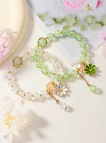 Set de 5 pulseras de aleación de zinc con cuentas de vidrio agrietado, cuentas de vidrio de colores decoradas con pequeños colgantes de margaritas, diseño elegante, gran regalo para mejores amigas, accesorios para volver al colegio