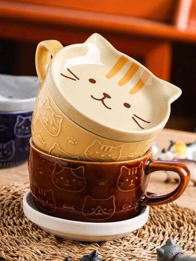 1件可爱卡通猫陶瓷杯带盖家用餐具牛奶杯颜色随机