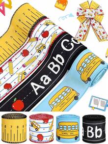4 rollos de 20 yardas cada uno de cinta con borde metálico de 2.5 pulgadas con diseños de regla, lápiz, manzana, autobús y letras del abecedario, para envolver regalos, manualidades y decoraciones del primer día de clases - Multicolor - Ver 1