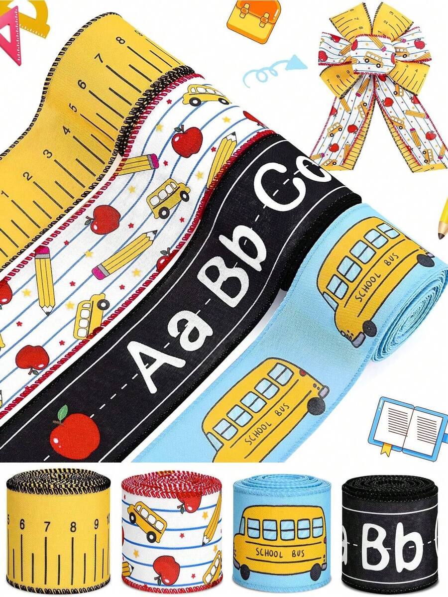 4 rollos de 20 yardas cada uno de cinta con borde metálico de 2.5 pulgadas con diseños de regla, lápiz, manzana, autobús y letras del abecedario, para envolver regalos, manualidades y decoraciones del primer día de clases - Multicolor - Ver 1