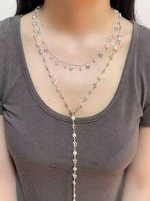 1 pezzo nuovo collana a Y in stile boho con farfalla e perla, colore oro/argento, adatto per festa, gala, decorazione vacanze, estate, spiaggia, colore strass casuale
