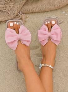 2025 New Flat Plus Size Fashion Elegant Ladies Shoes, Square Toe Cute Bowknot Super Soft Vacation Vibe Pink Sandals, Slip-Resistant Beach Slippers