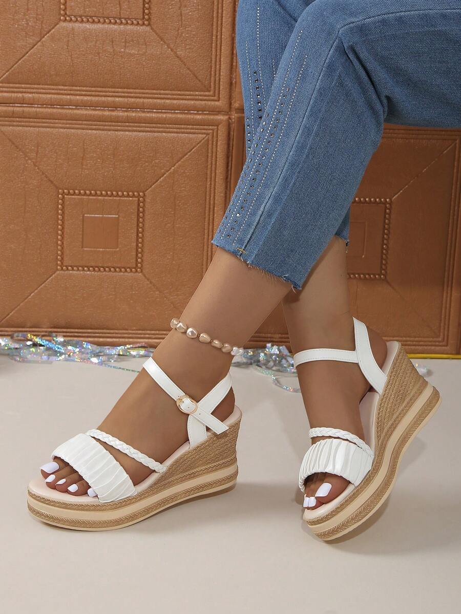 Giày sandal đế xuồng cho nữ, giày cao gót hở mũi thường ngày, quai khóa thoải mái, đế dày - trắng - Xem 1