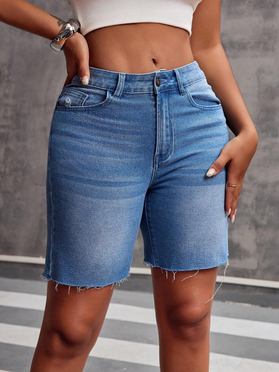 Women's Solid Color Frayed Hem Zipper Pocket Casual Denim Shorts - Light Wash - View 1