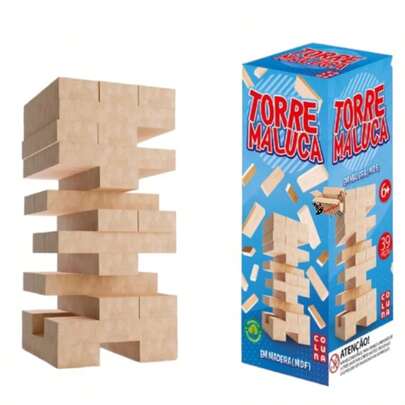 Brinquedo Pedagógico Educativo Jogo De Blocos Torre Maluca Em Madeira Com 39 Peças