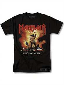 NAUSFY-TEE Black Heavy Metal Rock Print Loose T-Shirt, Manowar Band Classic Design Super Eye-Catching. Loose Fit, Plus Size, 100% Cotton, Casual Style, Daily Comfort T-Shirt, Printed Crew Neck Design, Machine Washable, Suitable For All Seasons. - 黑色 - 查看 1