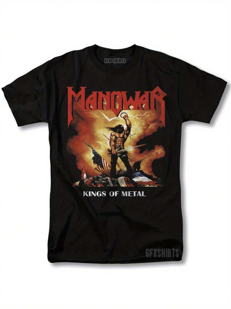 NAUSFY-TEE Black Heavy Metal Rock Print Loose T-Shirt, Manowar Band Classic Design Super Eye-Catching. Loose Fit, Plus Size, 100% Cotton, Casual Style, Daily Comfort T-Shirt, Printed Crew Neck Design, Machine Washable, Suitable For All Seasons. - 黑色 - 查看 1