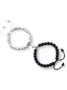 Paire de bracelets de couple en turquoise blanche mate en forme de cœur - Élégance bohème subtile, faits main pour des connexions significatives. Parfait pour un look de couple assorti, des rendez-vous romantiques, des banquets et des fêtes. Un ensemble de cadeaux symboliques pour célébrer les anniversaires, la Saint-Valentin, les anniversaires et tous les autres jalons.