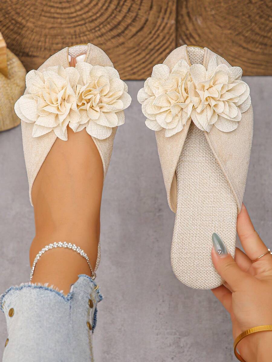 1 双女学生返校 3D 山茶花凉鞋,户外时尚拖鞋,圆头甜美平底一脚蹬凉鞋,适合婚礼、工作、学校、宿舍、度假、旅行、海滩 - 米色 - 查看 1