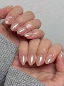 Instantly Upgrade Your Look With 24pcs Press On Nails Medium, Fashionable Street Business Casual Fake Nails, Modern Classic Minimalist Nordic Style, Aurora Electroplating, Nude Pink Oval Fake Nail Set, Suitable For Elegant And Gentle Girls And Women To Use In Daily Life. Exquisite Detachable Fake Nail Plates Make Your Fingers More Charming