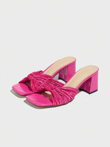 女士优雅高跟凉鞋，适合派对、户外、时尚、粗跟方头正装高跟鞋、缎面蝴蝶结装饰、性感踝带、奢华玫瑰红穆勒鞋，四季皆宜