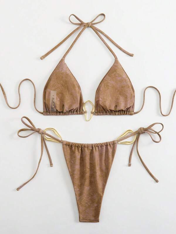 Fashionable & Sexy Tie-Dye Bikini Set With Metal Chain & Ring Decor