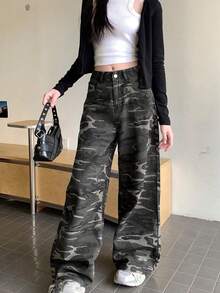 Retro American Camouflage Cargo Pants For Women, New Loose Straight Leg Casual Trousers With Drape Effect, Streetwear Style - Camouflage Gray - View 5