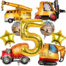 Set de 6 Globos con Temática de Ingeniería, Incluyendo Globos Grandes de Excavadora, Globos Redondos de Construcción, Globos Dorados en Forma de Estrella, y Globos Dorados Números del 1 al 6 de 32 Pulgadas, Adecuado para Decoración de Fiesta de Cumpleaños