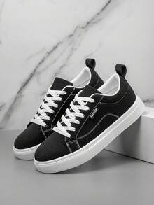 Men's Classic Black Patchwork Low-Top Skate Shoes, Simple Design Basic Style, Lightweight & Comfortable Outdoor Sports Sneakers, Gym 2000s Style Valentine's Day Ideas - Solid Color - View 5