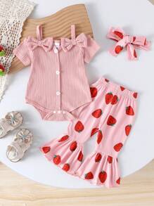 2pcs Cute & Comfortable Baby/Toddler Girls Sleeveless Off-Shoulder Romper + Strawberry Print Pants Outfit, Thin, Spring/Summer