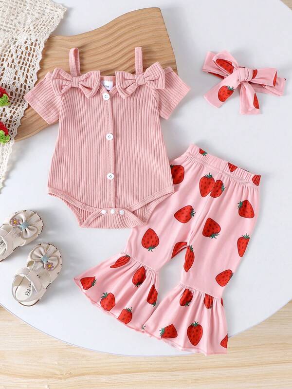 2pcs Cute & Comfortable Baby/Toddler Girls Sleeveless Off-Shoulder Romper + Strawberry Print Pants Outfit, Thin, Spring/Summer