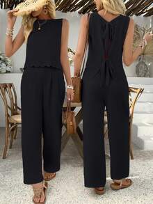 Women'S Summer Sleeveless Strapless Tie-Front Pants - Stylish Navy Blue Wide-Leg Trousers With Ruffled Hem, Perfect For Casual Or Dressy Outfits, Casual Attire|Ruffled Hem Pants|Polyester - 黑色 - 查看 2