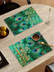1/2/4/6/8 piezas Manteles individuales con estampado digital, manteles individuales con estampado de pluma de pavo real, adecuados para uso diario, festivales, fiestas, cumpleaños, bodas, cenas, decoración del hogar en la cocina y el comedor