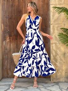 Elegante Vestido Largo Sin Mangas Para Mujer,Vestido Tank Con Cuello en V Y Estampado De Plantas En Blanco Y Negro, Dobladillo Con Volantes - Azul y blanco - Ver 1