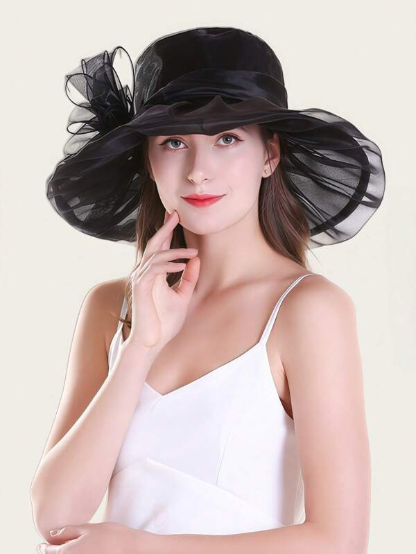 1 pieza Sombrero de organza para mujer, sombrero de sol de malla plegable, sombrero de iglesia Derby de ala ancha con moño, adecuado para boda, fiesta, celebración - Sin plumas, sin estiramiento, lavar a mano o limpiar en seco