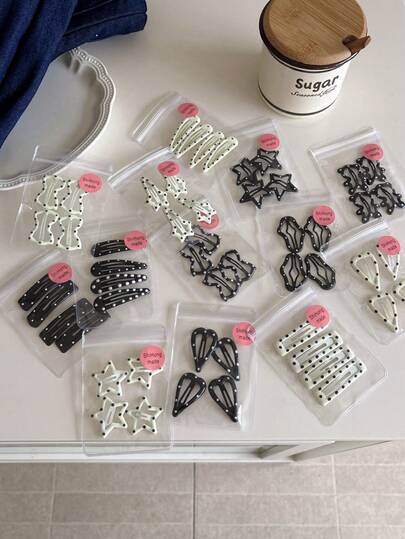 New Korean Style Polka Dot Star Hair Clip, Black & White Dotted Side Bangs Hairpin, Cute Hair Accessory ,Flat Claw Clip, Claw Clips, Clips For Hair, Hair Slide, Hair Claws, Hair Accessories, Head Accessories