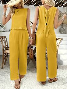 Women'S Summer Sleeveless Strapless Tie-Front Pants - Stylish Navy Blue Wide-Leg Trousers With Ruffled Hem, Perfect For Casual Or Dressy Outfits, Casual Attire|Ruffled Hem Pants|Polyester - Màu vàng - Xem 2