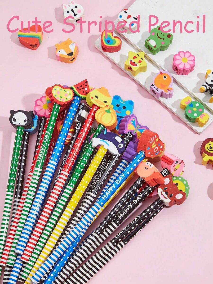 10pcs/Set Random 10 Pcs Kids Cute Cartoon Pencils With Erasers, HB