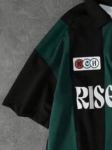 Casual Letter Print Striped Polo Shirt, Pullover Short Sleeve Men's Top, Collegiate Inspired, Suitable For Summer - Dark Green - View 5