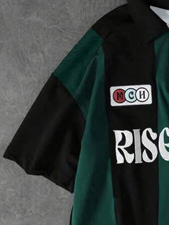 休闲字母印花条纹 Polo 衫，套头短袖男士上衣，学院风，适合夏季