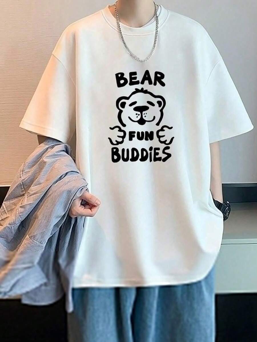 200g Cotton T-Shirt 2025 Men's New Short-Sleeved Cotton Vacation Pattern Short-Sleeved Crew Neck Matching Look