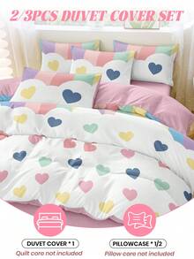 Bộ chăn ga gối 2/3 món, mềm mại và thoải mái, họa tiết trái tim cầu vồng, vỏ chăn bằng sợi microfiber có thể giặt, thoáng khí, chống bụi và trơn trượt, nhẹ và mềm mại, phù hợp cho giường đơn/đôi/cỡ lớn, bao gồm 1 vỏ chăn và 2/1 vỏ gối, quà tặng ngày lễ, trang trí phòng ngủ, trang trí mùa đông. - Nhiều màu - Xem 3