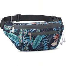 Entchin Fanny Pack Women Men,Crossbody Belt Bag With 4-Zipper Pockets,Adjustable Waist Bag Pack,One Of Most Popular Travel Essential Gifts Walking,Traveling,Cycling - 花卉海軍藍 - 查看 9