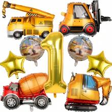 Set de 6 Globos con Temática de Ingeniería, Incluyendo Globos Grandes de Excavadora, Globos Redondos de Construcción, Globos Dorados en Forma de Estrella, y Globos Dorados Números del 1 al 6 de 32 Pulgadas, Adecuado para Decoración de Fiesta de Cumpleaños