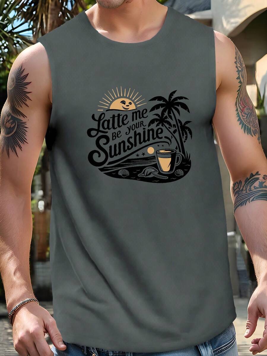 Latte Me Be Your Sunshine Coffee Print Men's Tank Top, Casual Sleeveless Athletic Tank Top, Breathable Comfy Tops - Slate Gray - View 1