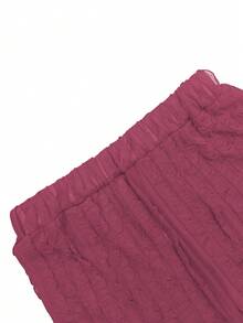 优雅女士两件套纯色长袖露肩性感荷叶边前扣短款上衣和阔腿裤套装，春季款 - 玫紅色 - 查看 5