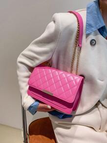 1 pezzo Borsa a tracolla quadrata mini in pelle PU imbottita di colore unito con decorazioni in metallo nero per donne