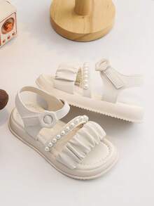 Girls' Fashionable Cute Solid Color Floral Lace Pearl Decor Outdoor Flat Sandals, Soft And Comfortable