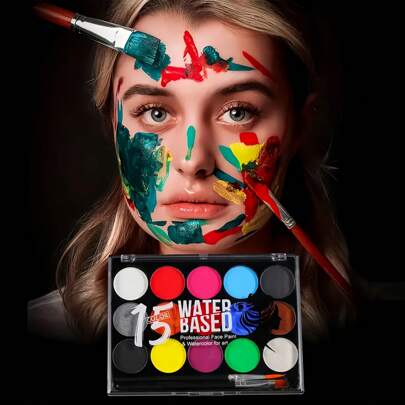 15 Colors Water-Soluble Face & Body Painting Makeup Kit With 2 Brushes, Suitable For Rainbow Festivals, Halloween, Christmas, Holiday Parties, Carnivals, Gatherings, Stage Performances