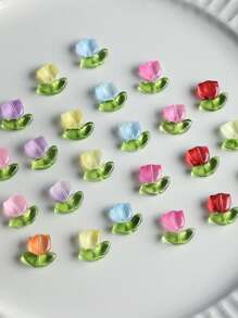 100pcs Tulip Flowers And Leaves Glass Beads For Jewelry Making Spacer Beads Kit Set For DIY Bracelets, Necklaces, Earrings, Bags, Phone Charms, Car Charms, Etc
