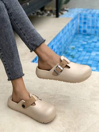 女士可调节舒适防滑软底撞色沙滩、浴室、街头、旅行、日常休闲镂空凉鞋、拖鞋、平底凉鞋