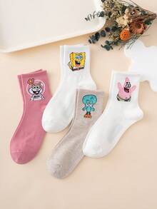 SpongeBob SquarePants 4 双女式卡通海绵宝宝系列章鱼、小鸡彩色提花中筒袜，运动风格，四季皆宜，欧洲尺码，舒适透气，色彩鲜艳，适合日常穿着，优质面料，不吸汗 - 彩色 - 查看 3