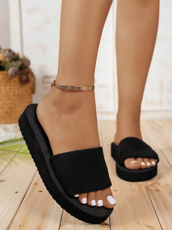 Black Casual Comfort Slide Sandals Slip-On, Lightweight Stretchy Strap Block Heel Foam Sole, Suitable For Beach, Vacation, Commuting In Summer