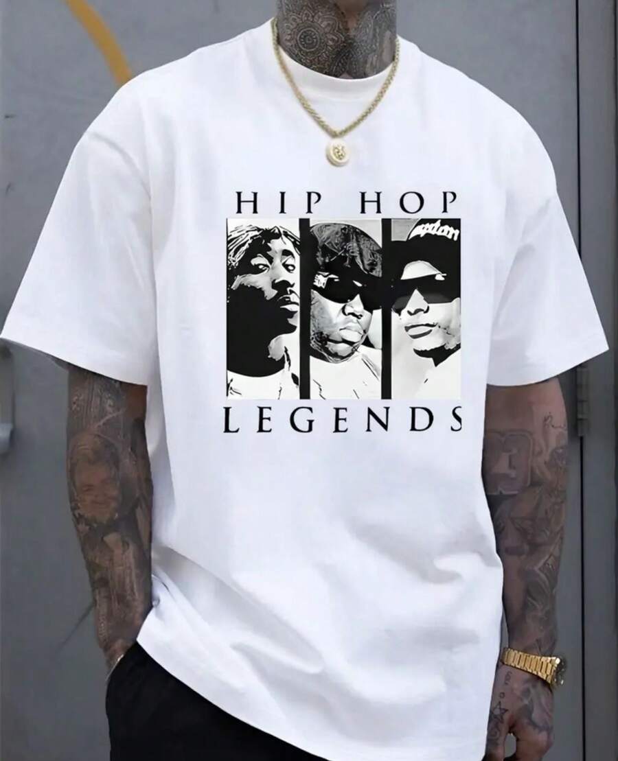 Camiseta Casual para Hombre con Estampado Hip Hop - Cómoda Manga Corta de Verano, Verde Oliva con Diseño de Rayas Blancas, Tejido Ligero de Poliéster, Cuello Redondo, Lavable a Máquina, Camiseta para Uso Diario | Estilo Casual Moderno | Textura Suave - Blanco - Ver 1