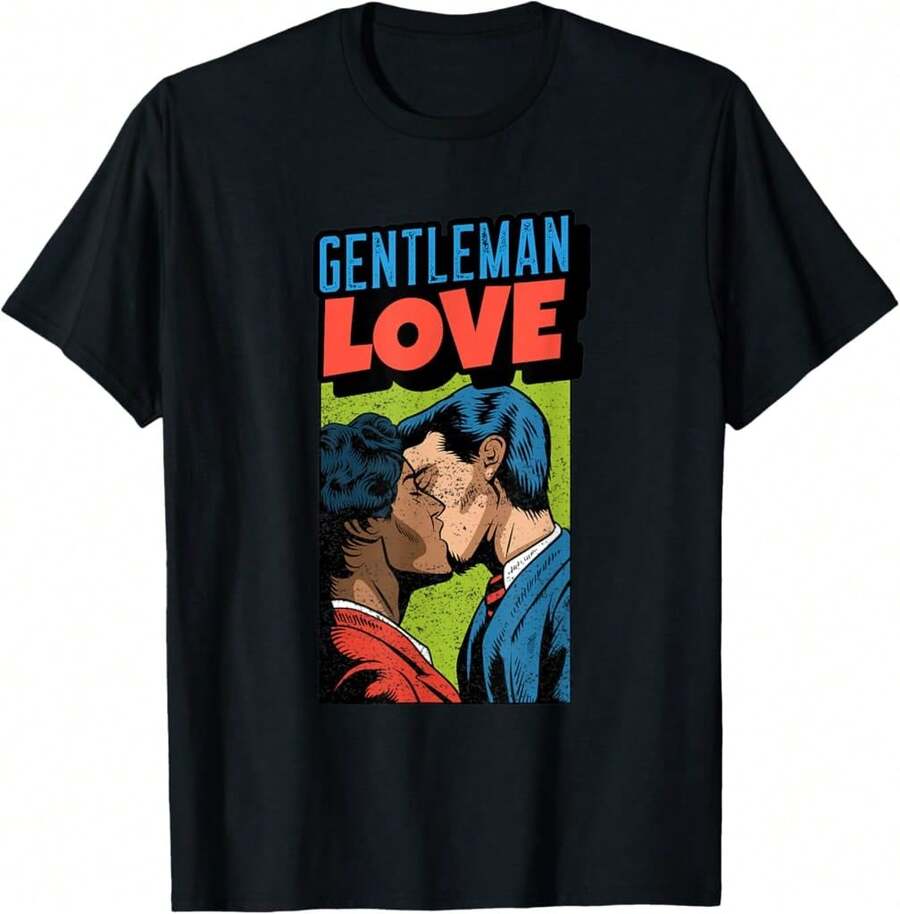 Mens Vintage Pop Art Comic Style Gay Illustration, Gentleman Love Basic Cotton T-Shirt - Black - View 1
