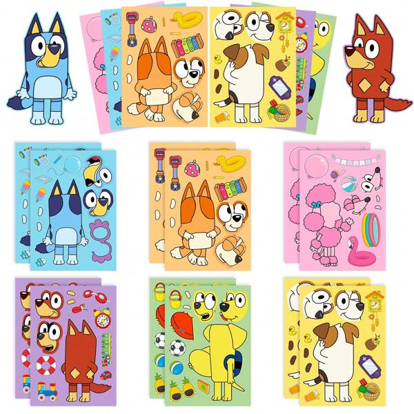 Bluey 6 folhas de adesivos de quebra-cabeça de rosto de Bluey e Bingo, anime fofo, kawaii, crianças, faça você mesmo, manual de cores, adesivos de animais, brinquedos clássicos, presente para meninas