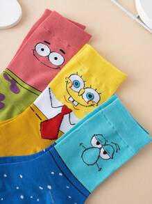 SPONGEBOB 3 Pairs Unisex Funny Personalized Cartoon Cute Multi-Color Jacquard Spongebob Pattern Mid-Calf Socks, Sports Style, All Season, EU Size, Comfortable Breathable Durable, Vibrant Colors, Suitable For Daily Wear, High-Quality Fabric, Non-Sweating